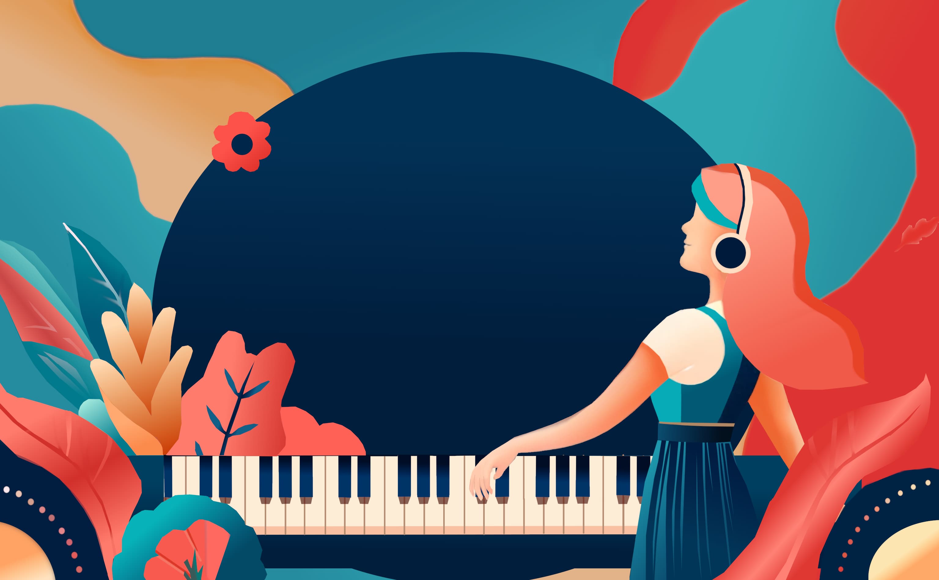 A colorful abstract image of a woman and a piano keyboard.